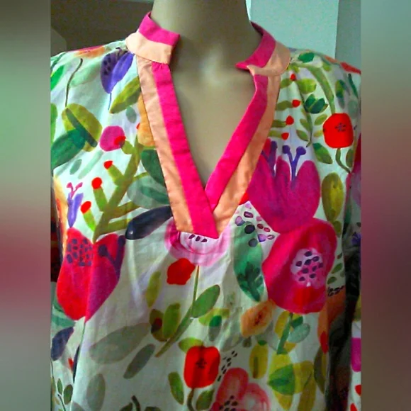 BOUTIQUE MEGA FLORAL Dress (COTTON) BRIGHT PUFF SLV. LINED BOXY SZ. LG GORGEOUS - Picture 8 of 9